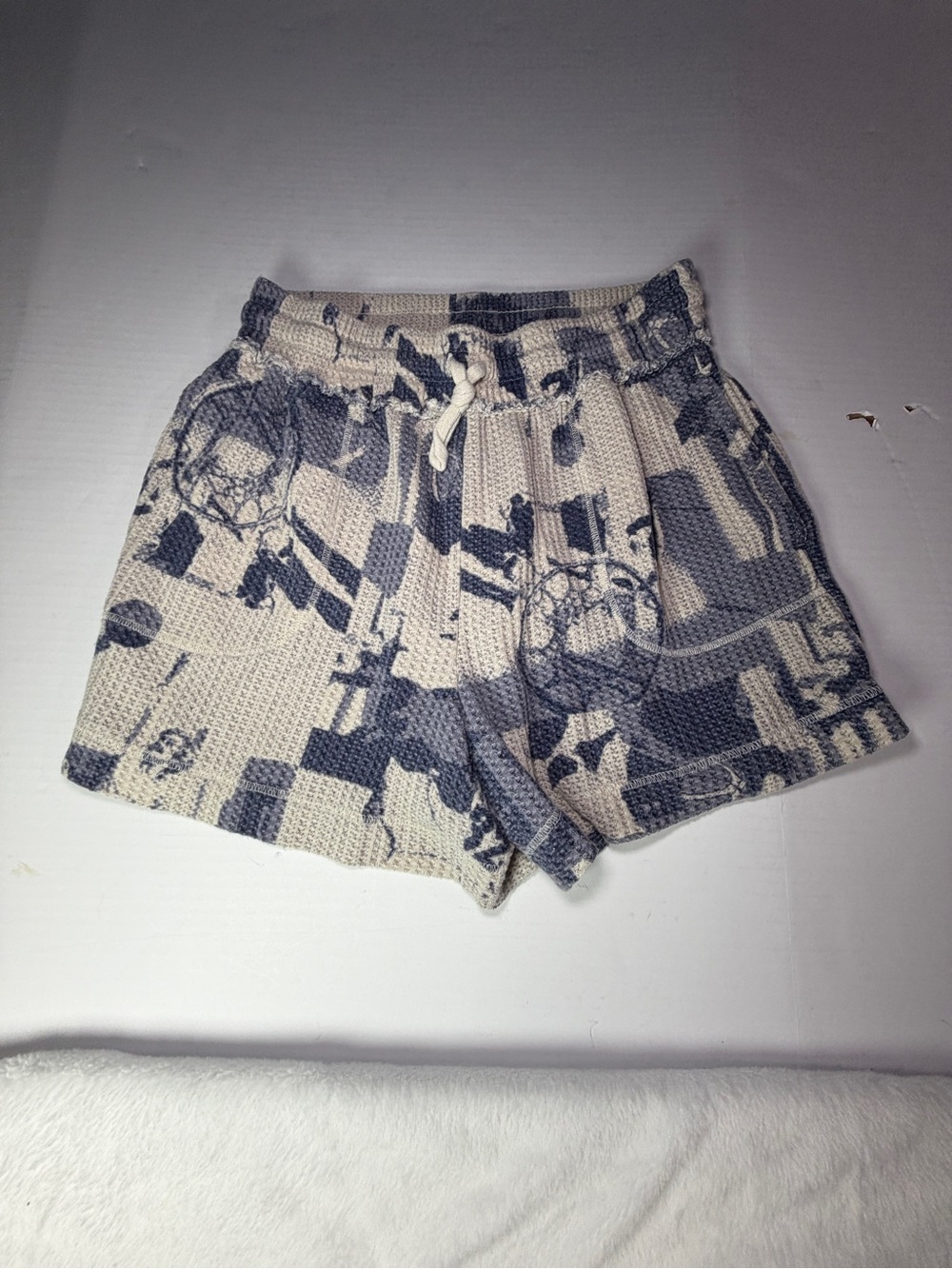 Anthropologie Waffle-Knit Drawstring Shorts in Cream and Gray